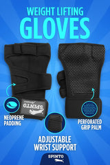 Black weightlifting gloves with neoprene padding and perforated grip palm on a blue background, featuring the Spinto brand.