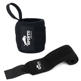 A pair of black Spinto wrist wraps, 18 inches long, with the Spinto logo visible on the strap.