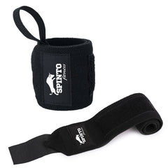 A pair of black Spinto wrist wraps, 18 inches long, with the Spinto logo visible on the strap.