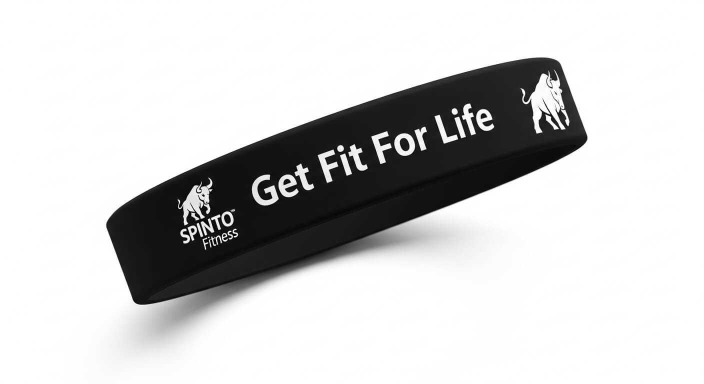 Black headband with 'Get Fit For Life' text and Spinto Fitness logo on a white background