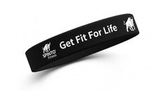 Black headband with 'Get Fit For Life' text and Spinto Fitness logo on a white background