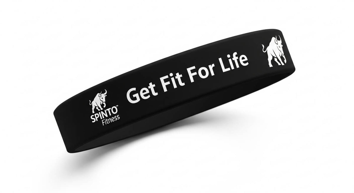 Black headband with 'Get Fit For Life' text and Spinto Fitness logo on a white background